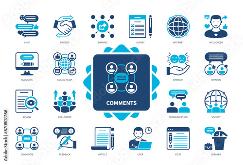 Comments icon set. Communication, Social Media, Followers, Chat, Blogging, Sharing, Survey, Internet. Duotone color solid icons