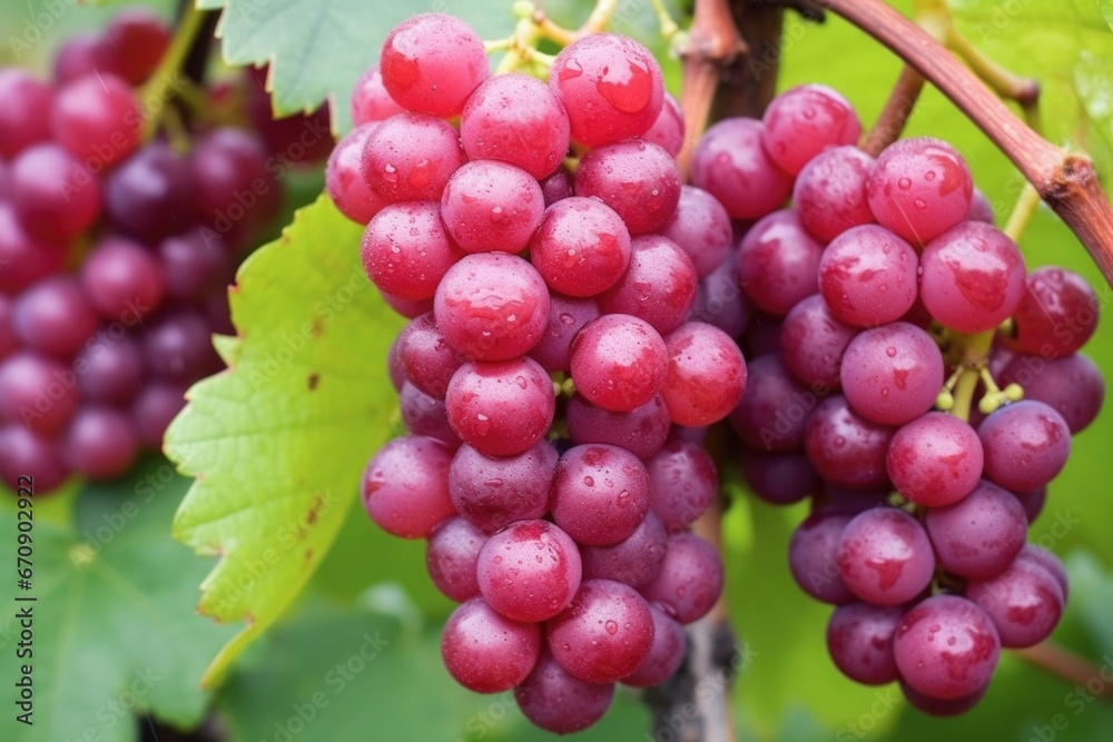 close-up of ripe, dewy grapes hanging from vine