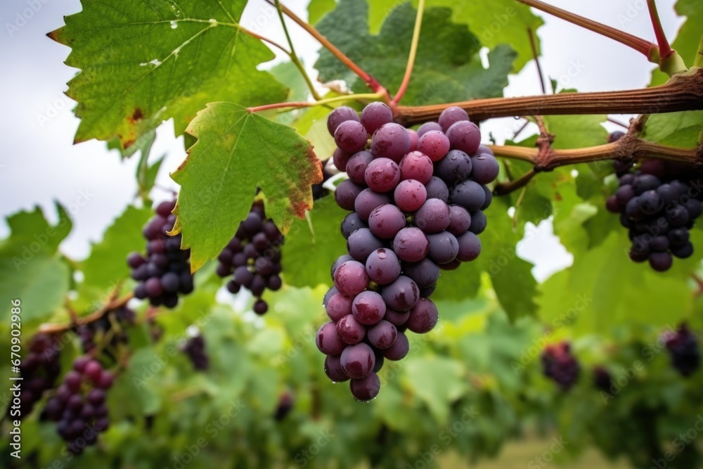multiple grape clusters on a vine under an overcast sky