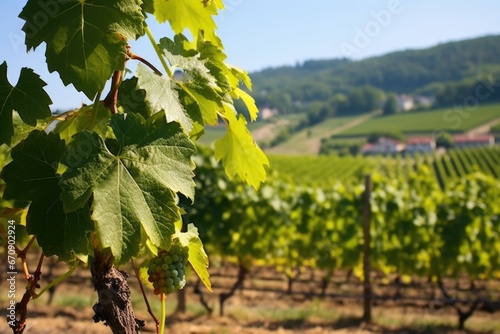 single grape vine in the foreground with a vineyard in the back