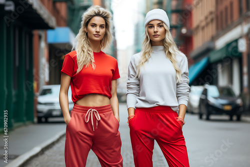 Two fashion models wearing white and red athleisure outfits photo