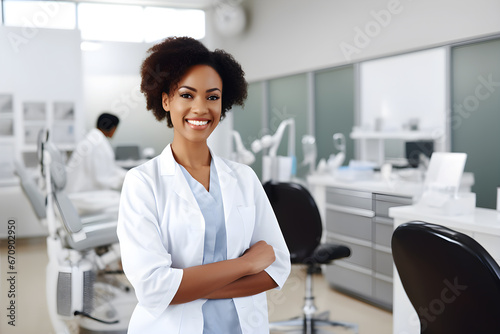 Black female dentist stands with arms crossed in her clinic