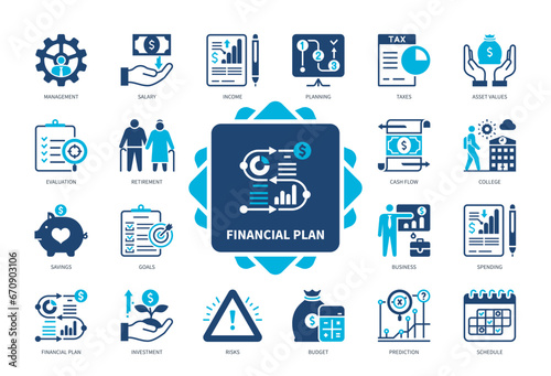 Financial Plan set icon set. Goals, Cash Flow, Investment, Income, Planning, Savings, Management, Asset Values. Duotone color solid icons