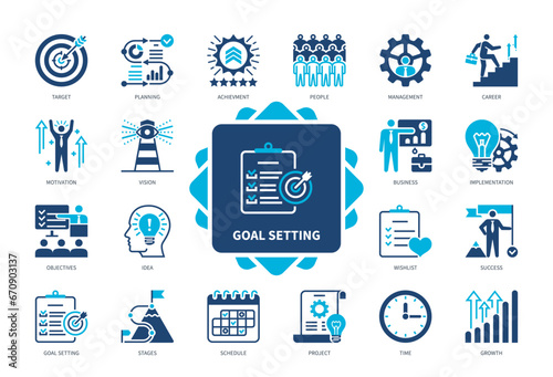 Goal Setting icon set. Target, Vision, Planning, Implementation, Growth, Idea, Project, Success. Duotone color solid icons