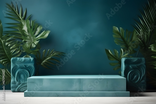 Empty concrete podium  green plants and leaves. Stage showcase for cosmetic products presentation