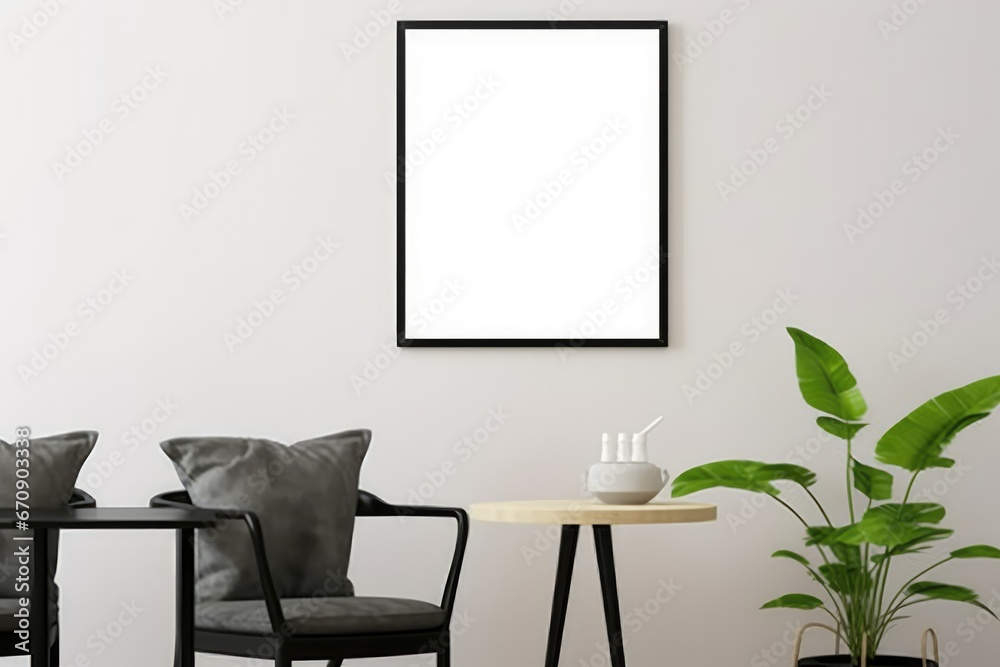 This 3D rendering image showcases a mockup poster frame in a modern interior setting. It provides a visual scene to explore design ideas in a modern environment where posters are display Generative AI This 3D rendering image showcases a mockup poster frame in a modern interior setting. It provides a visual scene to explore design ideas in a modern environment where posters are display Generative AI