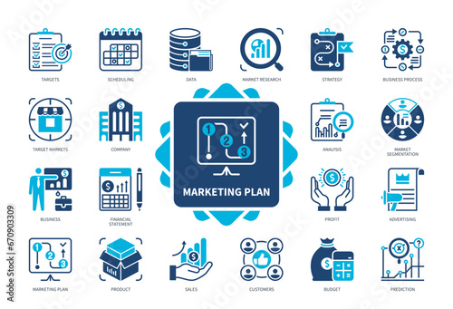 Marketing Plan icon set. Targets, Prediction, Targets, Sales, Strategy, Customers, Market Segmentation, Product. Duotone color solid icons