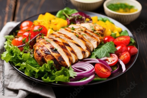 close up of a salad with colorful vegetables and grilled chicken