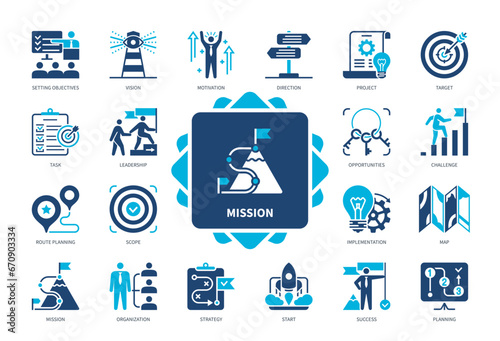Mission icon set. Task, Project, Route Planning, Challenge, Vision, Leadership, Planning, Success. Duotone color solid icons