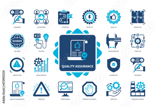 Quality Assurance icon set. Monitoring, Inspection, Feedback, Guarantee, Manufacturing, Defects, Development, Testing. Duotone color solid icons