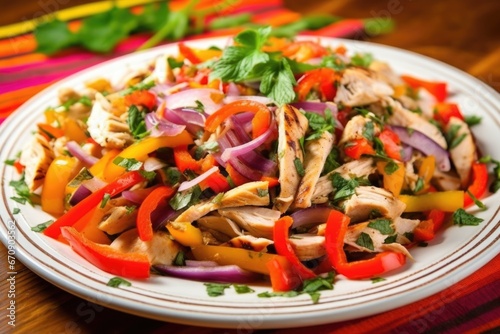 grilled chicken salad with colorful bell peppers and diced onions