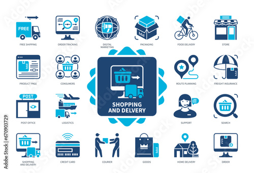 Shopping and Delivery icon set. Packaging, Credit Card, Order Tracking, Free Shipping, Store, Search, Sale, Consumers. Duotone color solid icons