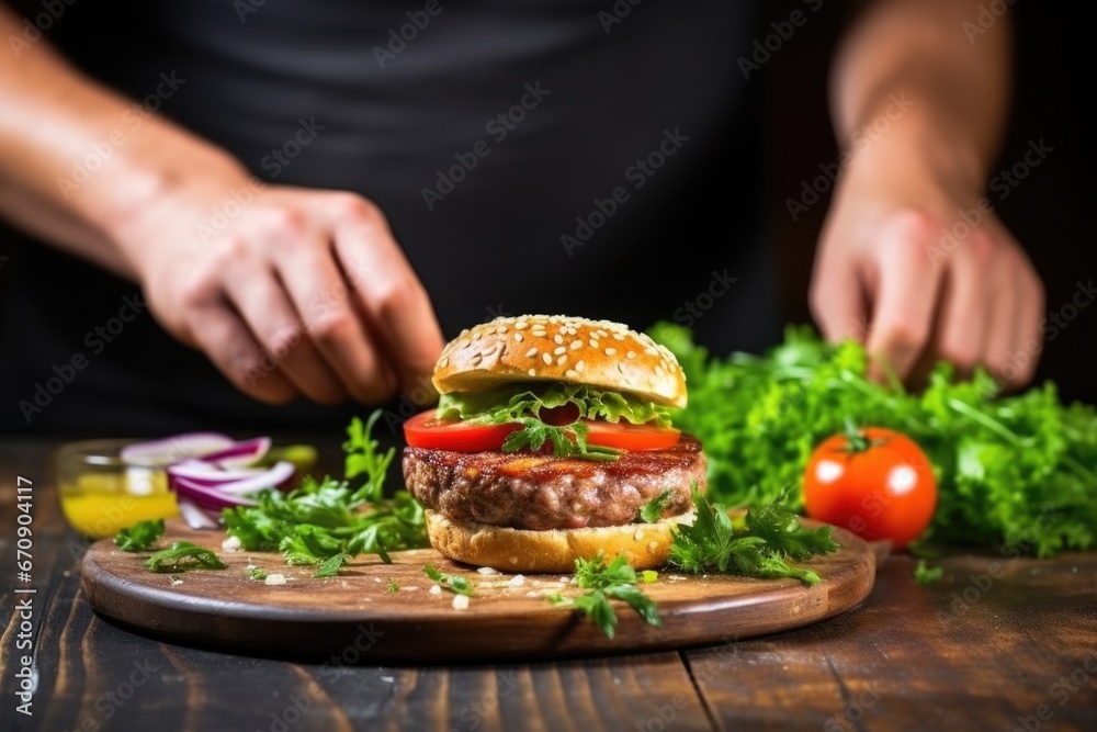 hand garnishing a bacon cheeseburger with a sprig of parsley