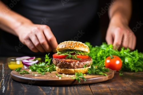 hand garnishing a bacon cheeseburger with a sprig of parsley
