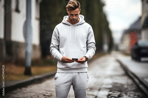 Handsome young man in a gray hoodie posing on the street while looking at a mobile phone. Athleisure style photo