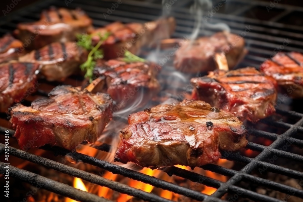 lamb chops on a bbq grill with smoke rising