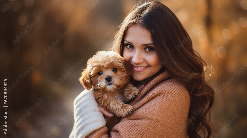 Adorable poodle puppy in the arms of his loving owner. Happy woman hugging her puppy Adorable poodle puppy in the arms of his loving owner. Happy woman hugging her puppy