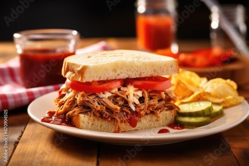 bbq sandwich with coleslaw and cherry tomatoes on the side