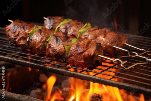 grilled lamb kebabs on a metal skewer with scorched marks