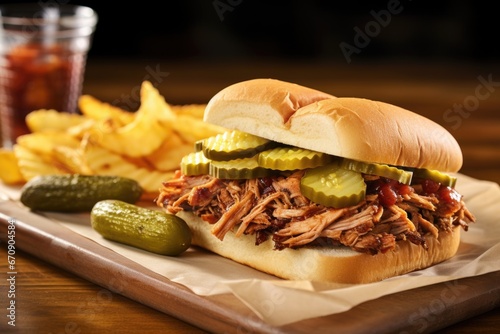 bbq sandwich with a side of pickles and chips