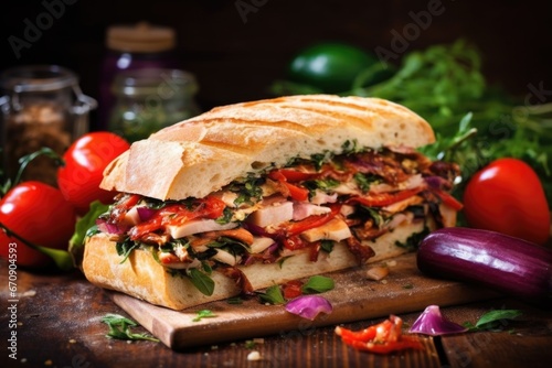 bbq sandwich with roasted vegetables and herbs