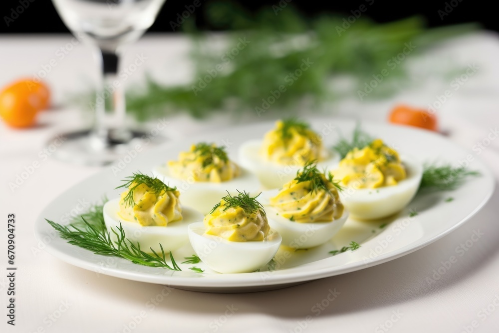 a plate of deviled eggs garnished with parsley