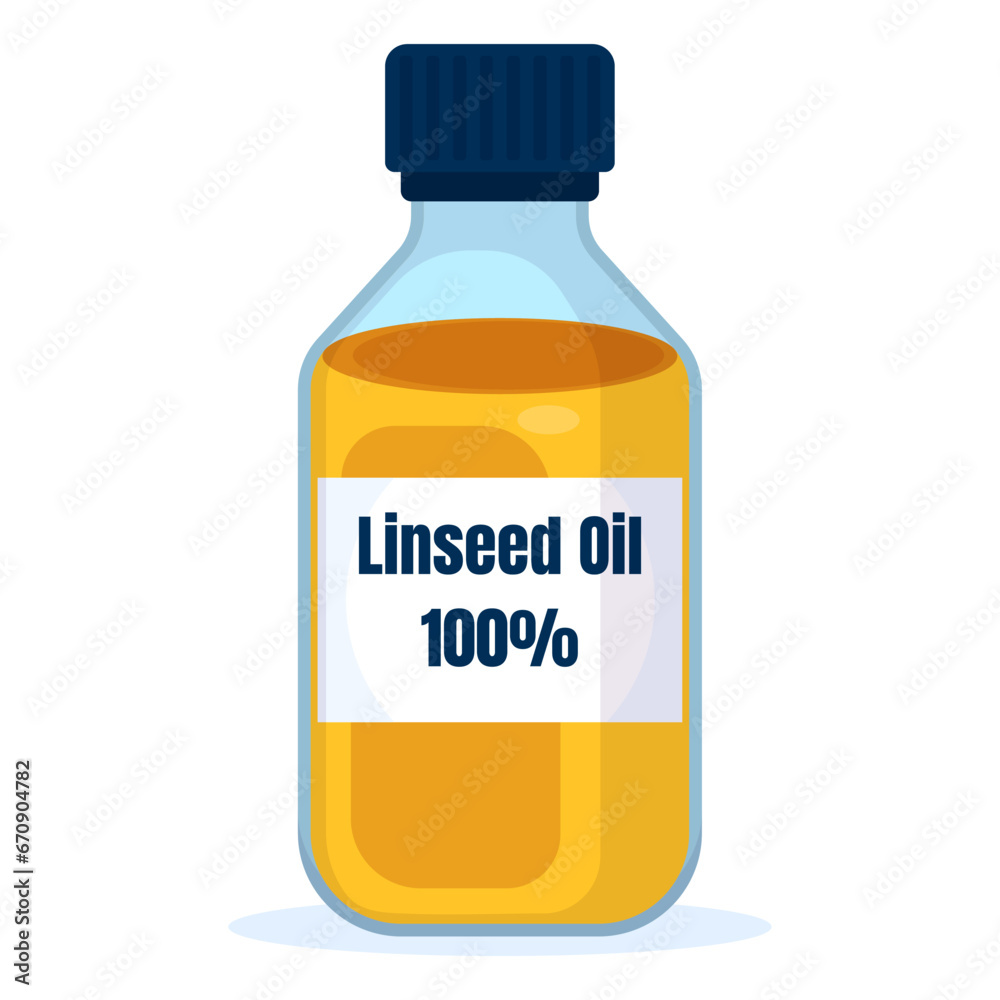 Linseed oil in transparent bottle isolated on white background. Pure plant oil of linseed Linseed oil in transparent bottle isolated on white background. Pure plant oil of linseed