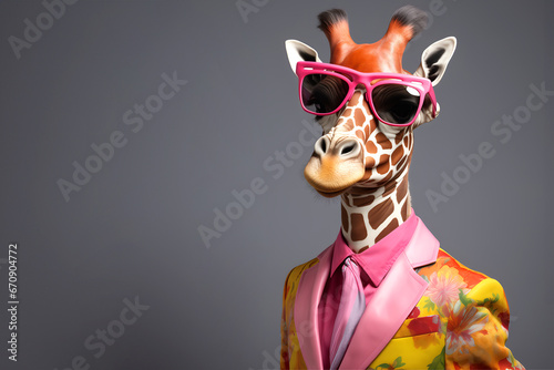 Creative animal concept. Giraffe in glam fashionable couture high end outfits isolated on bright background advertisement, copy space. birthday party invite invitation banner