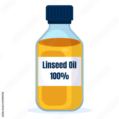 Linseed oil in transparent bottle isolated on white background.  Pure plant oil of linseed