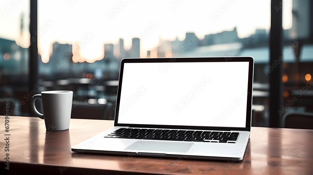 Fototapeta premium Laptop computer with blank screen on table at office, mock up