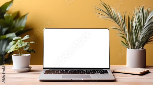Laptop computer with blank screen on table at office, mock up