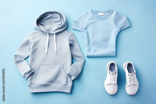 Blue hoodie, sneakers and T-shirt on a blue background. Top view, flat lay. Athleisure style © ribalka yuli