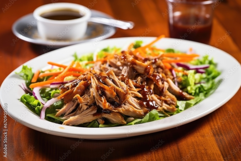 carolina pulled pork dripping with vinegar sauce placed over a salad