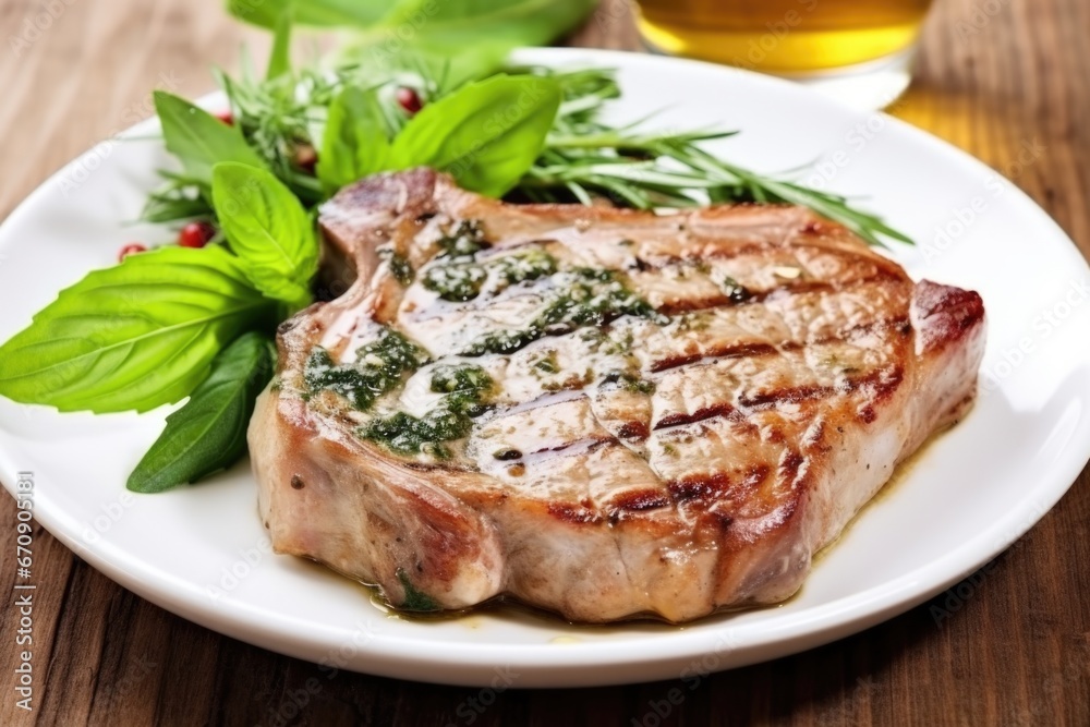 pork chop with garlic and basil garnish