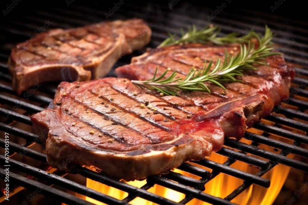 porterhouse steak with rosemary on a hot grill