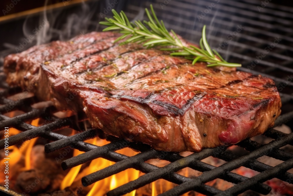 smoky portion of porterhouse steak on a barbecue