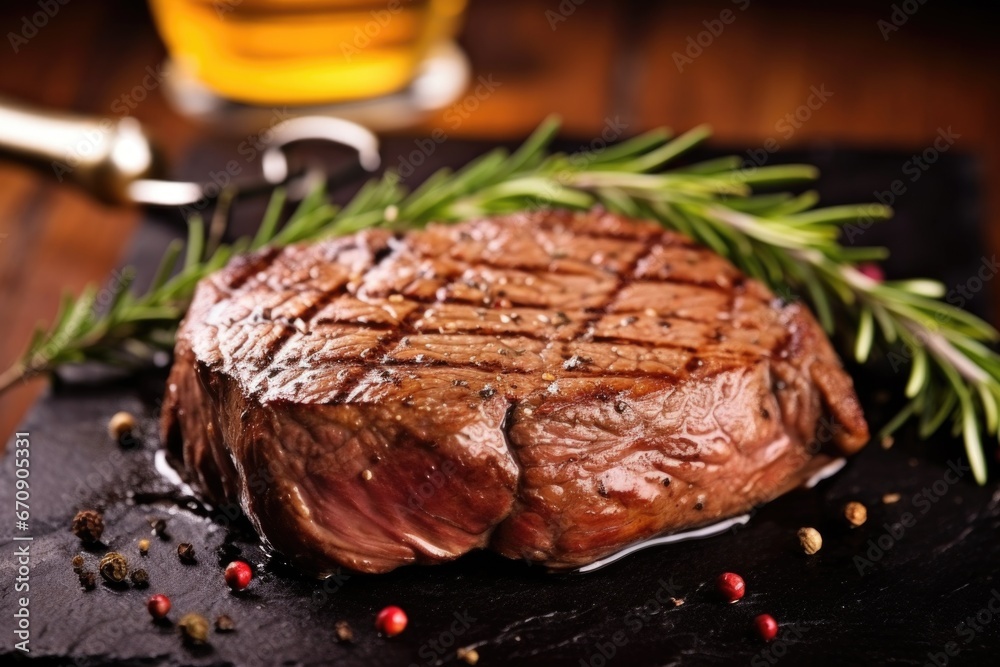 grilled steak with sprigs of rosemary on top