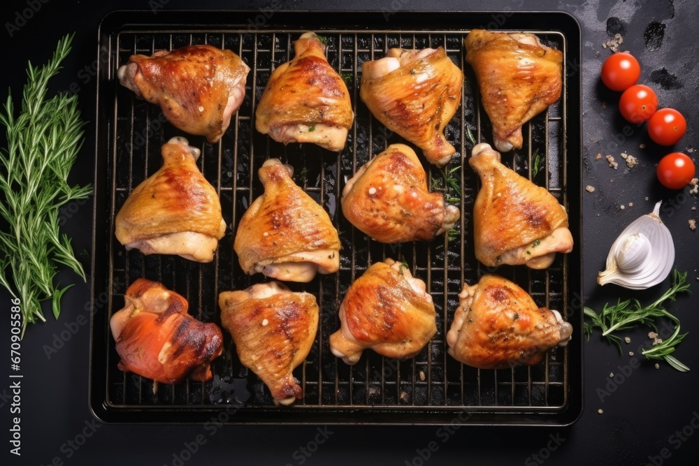 flat lay of chicken thighs on cooling tray flat lay of chicken thighs on cooling tray