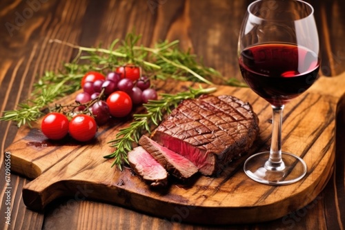 grilled steak on rustic wood with red wine