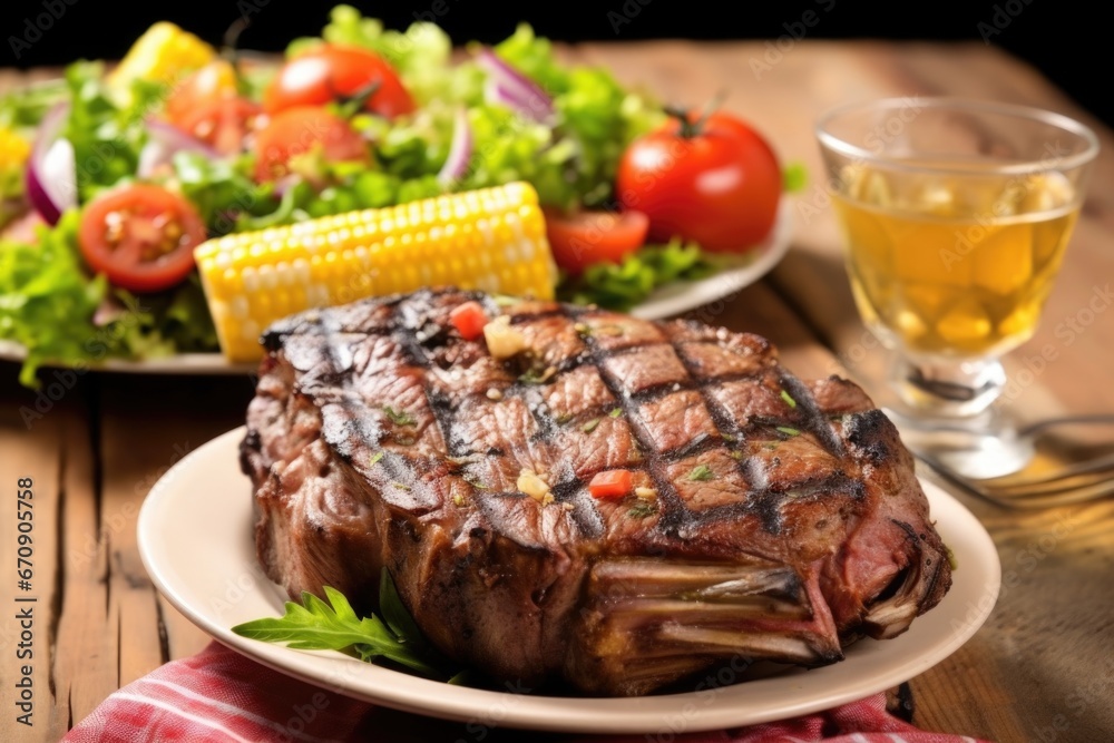 grilled ribeye steak with corn on the cob and salad