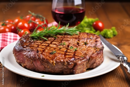 ribeye steak on a plate, garnished, resting after grilling