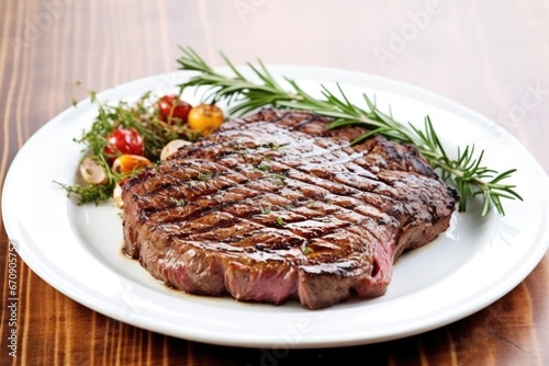 ungarnished grilled ribeye on a white plate