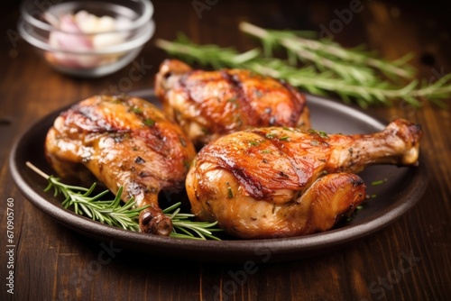 grilled chicken thigh next to thyme and rosemary