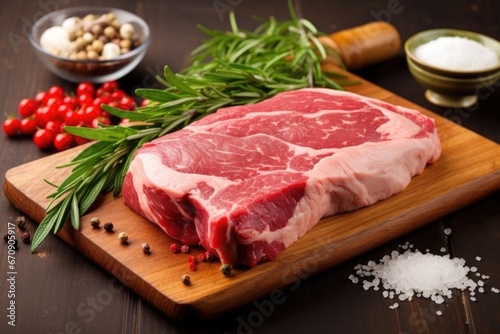 ribeye steak raw with fresh herbs and spices