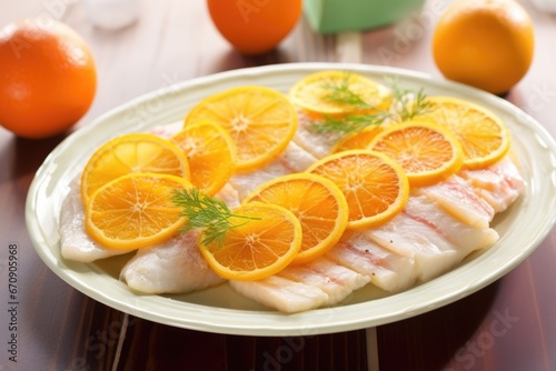 fish fillets with citrus slices on a porcelain plate