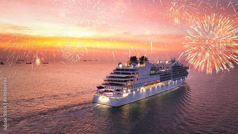 Valentine’s Day CRUISE with Fireworks. Stern of Cruise Ship and golden shining fireworks, Cruise Liners beautiful white cruise ship above luxury Passenger Ship in the ocean sea at sunset. Happy time. - obrazy, fototapety, plakaty 