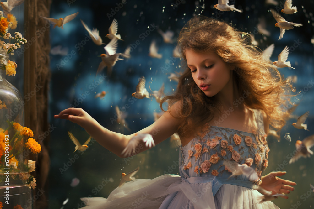 state of mind, close-up of a girl in an elegant dress dancing in a fairy-tale setting - obrazy, fototapety, plakaty 
