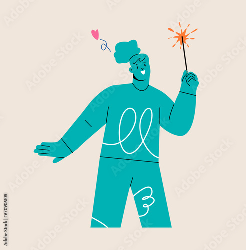 Happy woman with holiday sparklers in hand. Colorful vector illustration