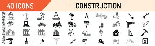 Construction stroke outline icons set. Included the line icons as Recruitment, architecture, engineer, building, blueprint and home repair tools.Simple vector illustratio.