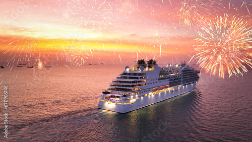 Valentine’s Day CRUISE with Fireworks. Stern of Cruise Ship and golden shining fireworks, Cruise Liners beautiful white cruise ship above luxury Passenger Ship in the ocean sea at sunset. Happy time. photo